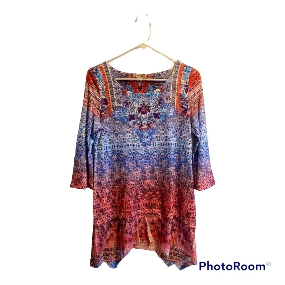 Energe Ombre Womens Small Tunic Blouse Blue Orange Pink w/ Sparkles!